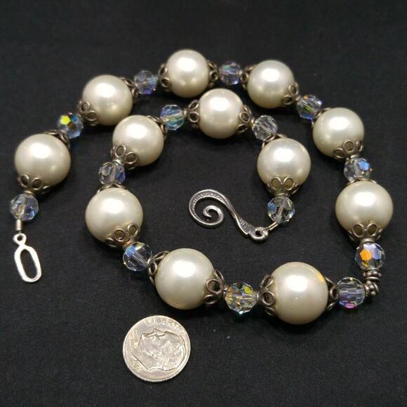 Vintage Glass Pearls Crystal Beaded Necklace, Silver Clasp, Strung on Wire, 17" - Picture 8 of 11